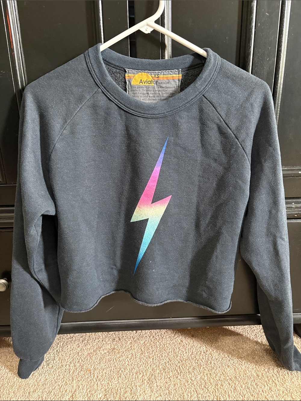 Aviator Nation Kids Black Cropped Sweatshirt with Rainbow Lightning Bolt